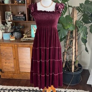 Hill House Smocked Velvet Tiered Midi Dress - Burgundy S